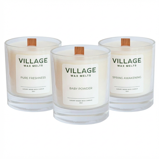 wooden wick candle gift bundle. Three times wooden wick candles just £29.97. Save 22%. Worth £38.97.