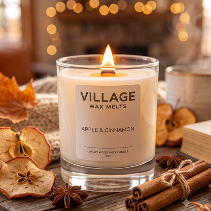 Apple & Cinnamon Scented Wood Wick Candle - Glass Jar