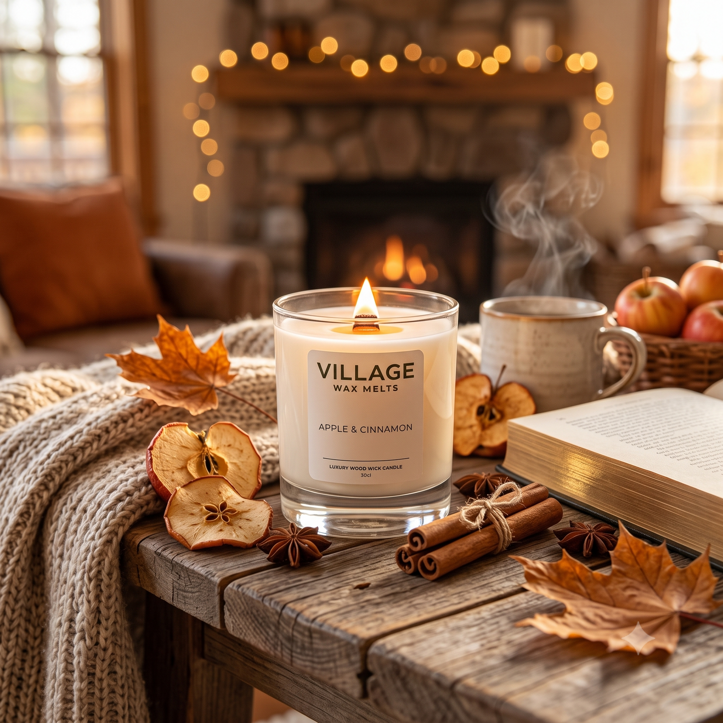 A Village Wax Melts, Apple & Cinnamon Wooden Wick candle in a clear glass jar sits on a rustic wooden table in a cozy living room setting. The scene is decorated with autumn elements including dried apple slices, cinnamon sticks, star anise, and fallen leaves, with a mug of tea, an open book, and a blurred fireplace in the background.