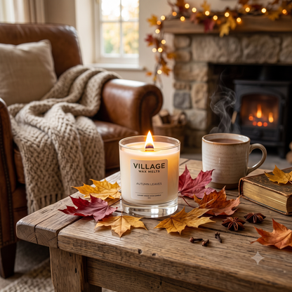 A lit wooden wick candle labeled VILLAGE WAX MELTS 'Autumn Leaves' sits on a rustic wooden table in a cozy living room setting with a leather armchair, knitted throw, steaming mug, fireplace, and scattered autumn leaves.