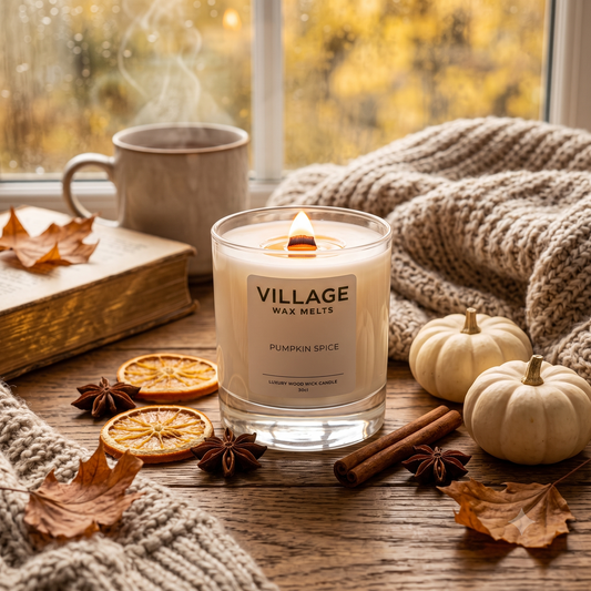 A lit Wooden Wick candle in a clear glass jar sits on a wooden table surrounded by autumn props, including a chunky knit blanket, dried orange slices, cinnamon sticks, star anise, two small pumpkins, and a mug by a window. The candle label reads VILLAGE WAX MELTS and PUMPKIN SPICE.
