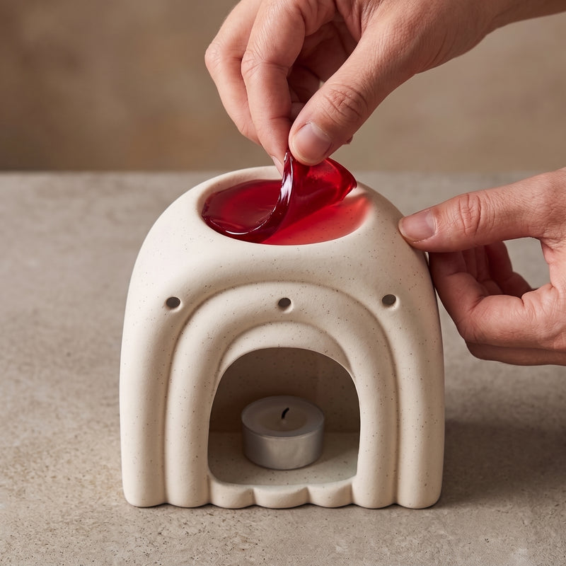 A beige speckled ceramic candle warmer with an arched design, shown with a hand placing a red Gel Wax Melt into the top slot and another hand holding it in place. A small white tea light candle sits inside the lower compartment on a neutral stone surface.