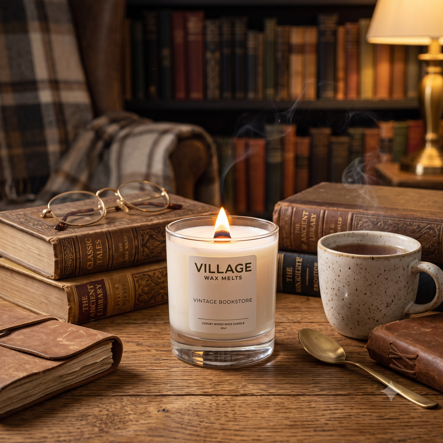 A lit glass jar candle labeled VILLAGE WAX MELTS and Vintage Bookstore sits on a wooden table surrounded by books, a mug, a spoon, and a notebook in a cozy library setting.