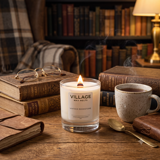 A lit glass jar candle labeled VILLAGE WAX MELTS and Vintage Bookstore sits on a wooden table surrounded by books, a mug, a spoon, and a notebook in a cozy library setting.