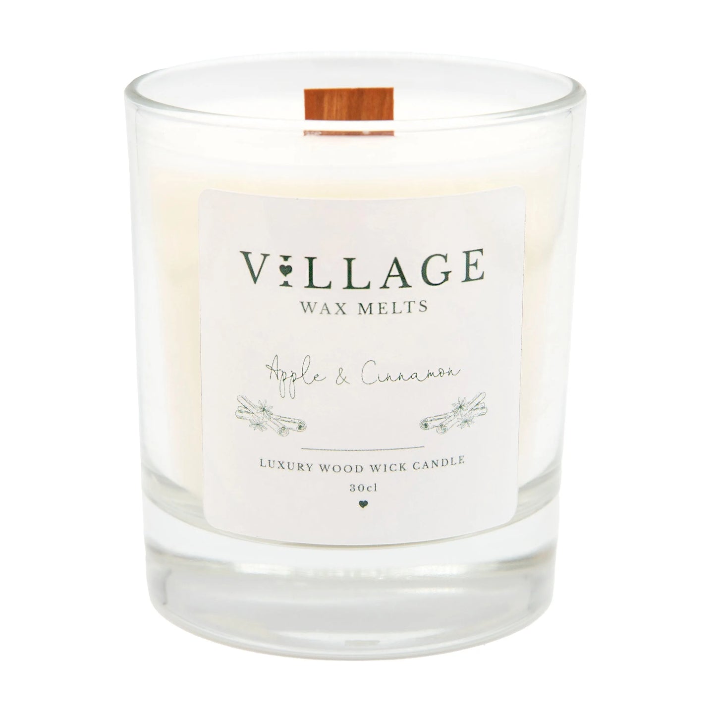 Apple & Cinnamon Wood Wick Candle 30cl - Village Wax Melts