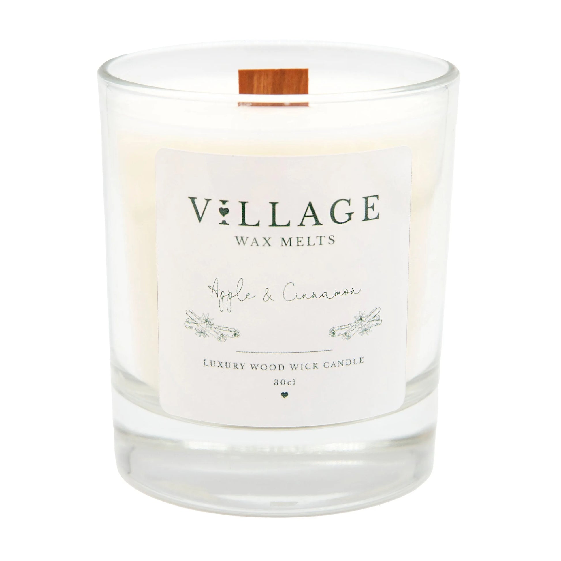 Apple & Cinnamon Wood Wick Candle 30cl - Village Wax Melts