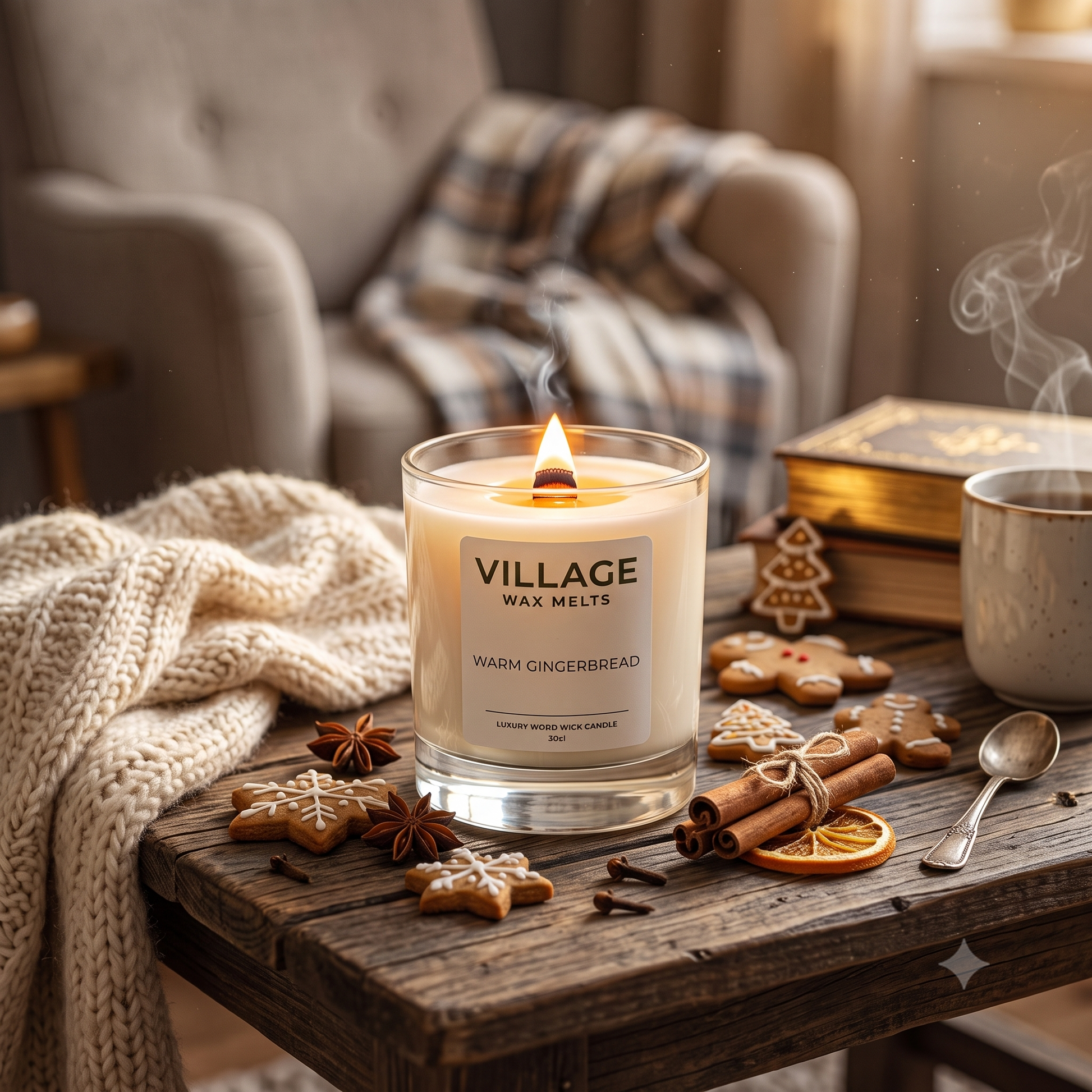 A lit glass jar Wooden Wick candle labeled VILLAGE WAX MELTS 'Warm Gingerbread' sits on a rustic wooden table surrounded by gingerbread cookies, cinnamon sticks, star anise, a mug with steam, and a cozy armchair in the background.