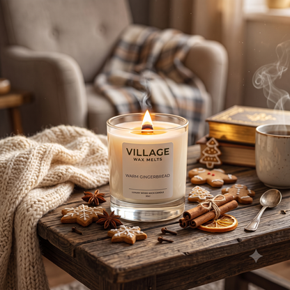 A lit glass jar Wooden Wick candle labeled VILLAGE WAX MELTS 'Warm Gingerbread' sits on a rustic wooden table surrounded by gingerbread cookies, cinnamon sticks, star anise, a mug with steam, and a cozy armchair in the background.